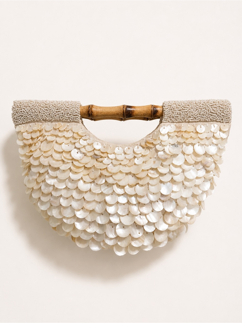 Mother of Peal Shell Beaded Bag with Bamboo Handles